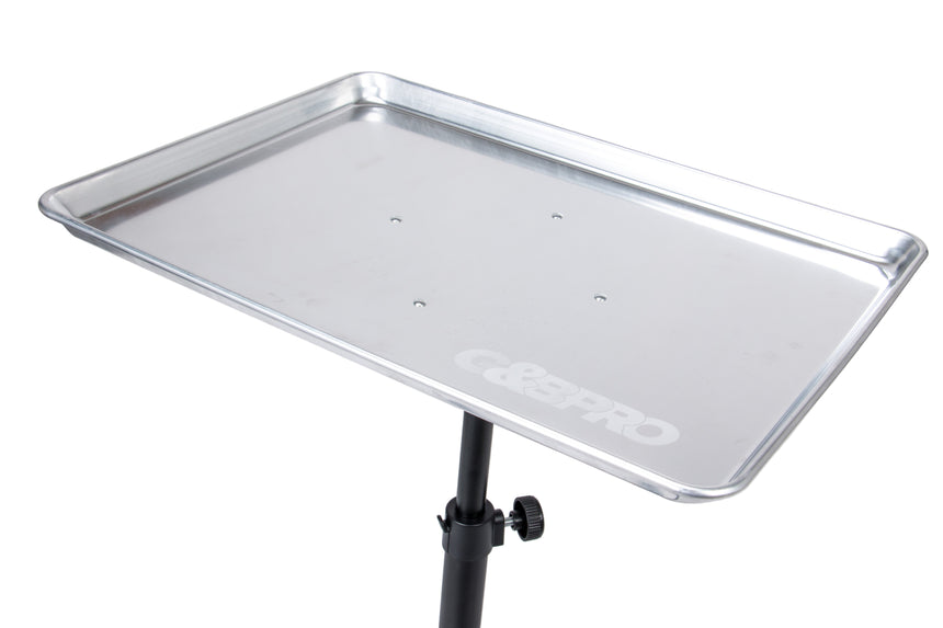 Metal display stand with a clear acrylic panel on a gray background