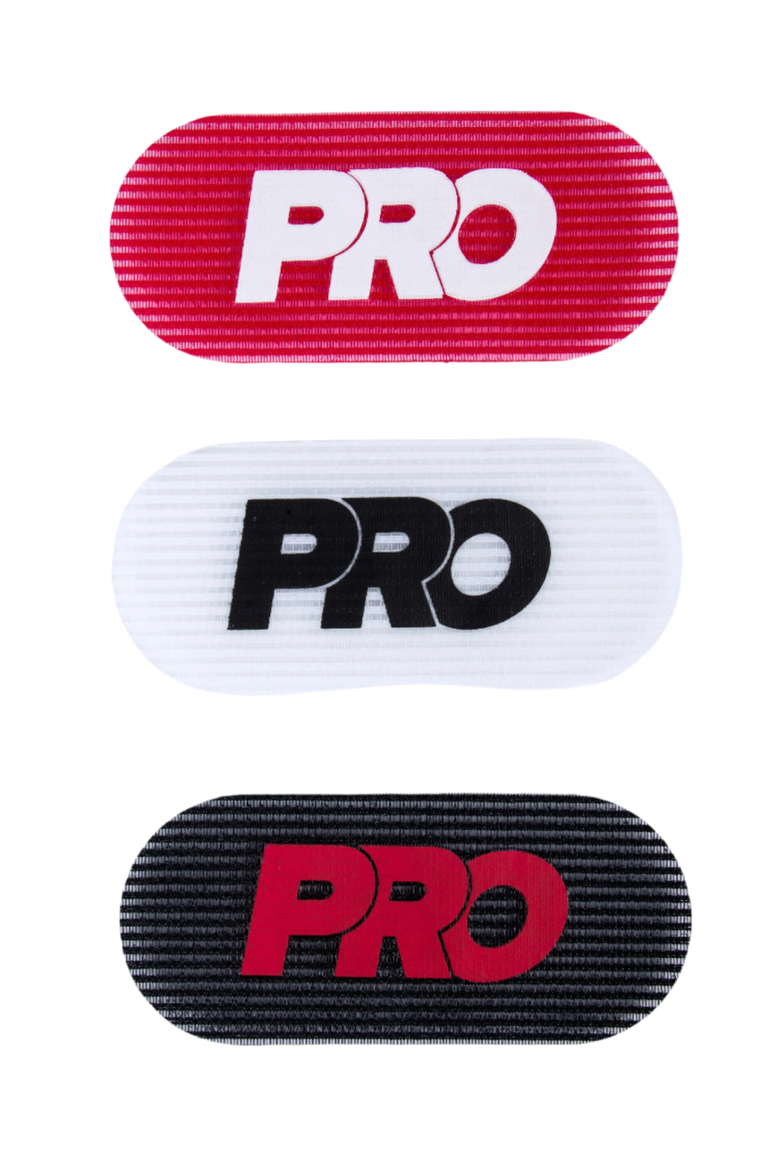 Three oval-shaped 'PRO' logos in different colors on a white background