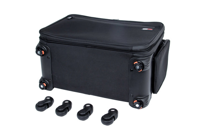 Black suitcase with wheels on a white background