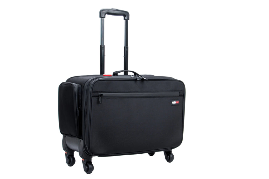 Black suitcase with wheels on a white background