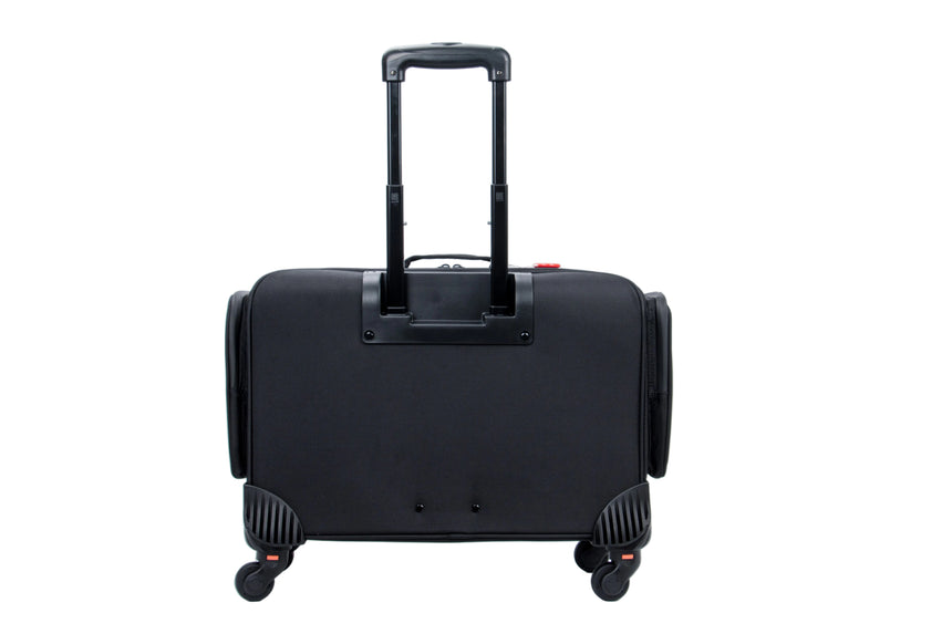 Black suitcase with wheels on a white background