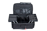 Black makeup organizer with multiple compartments on a white background