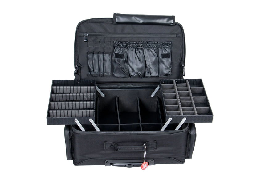 Black makeup organizer with multiple compartments on a white background