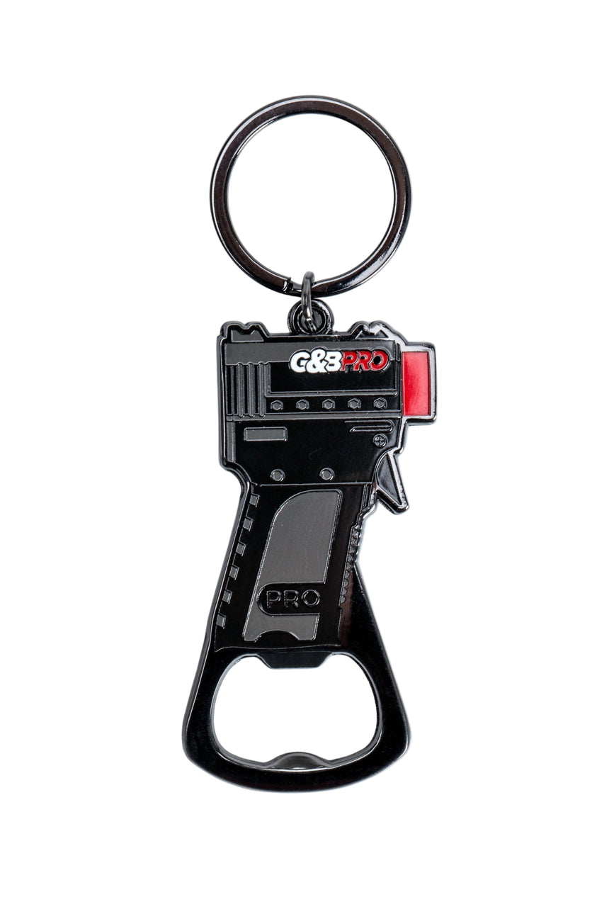 Black bottle opener keychain with 'G&G Pro' branding on a white background