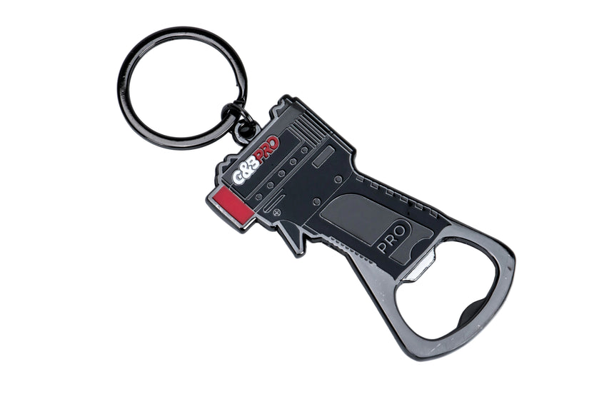 Keychain with bottle opener and 'PRO' branding on a white background