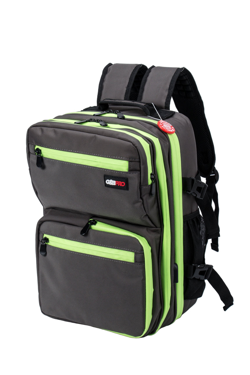 Black backpack with green accents on a white background