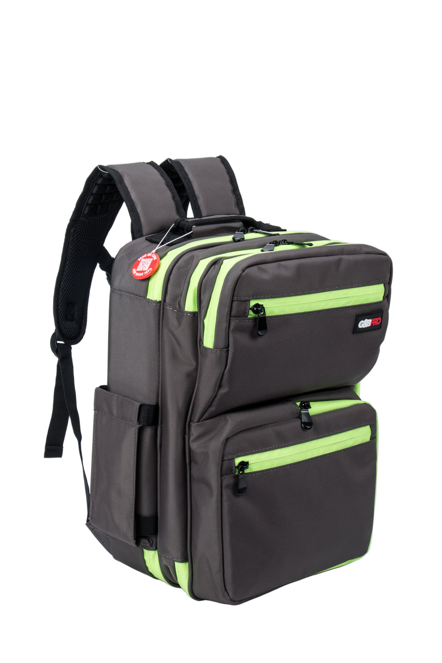 Gray backpack with green accents on a white background