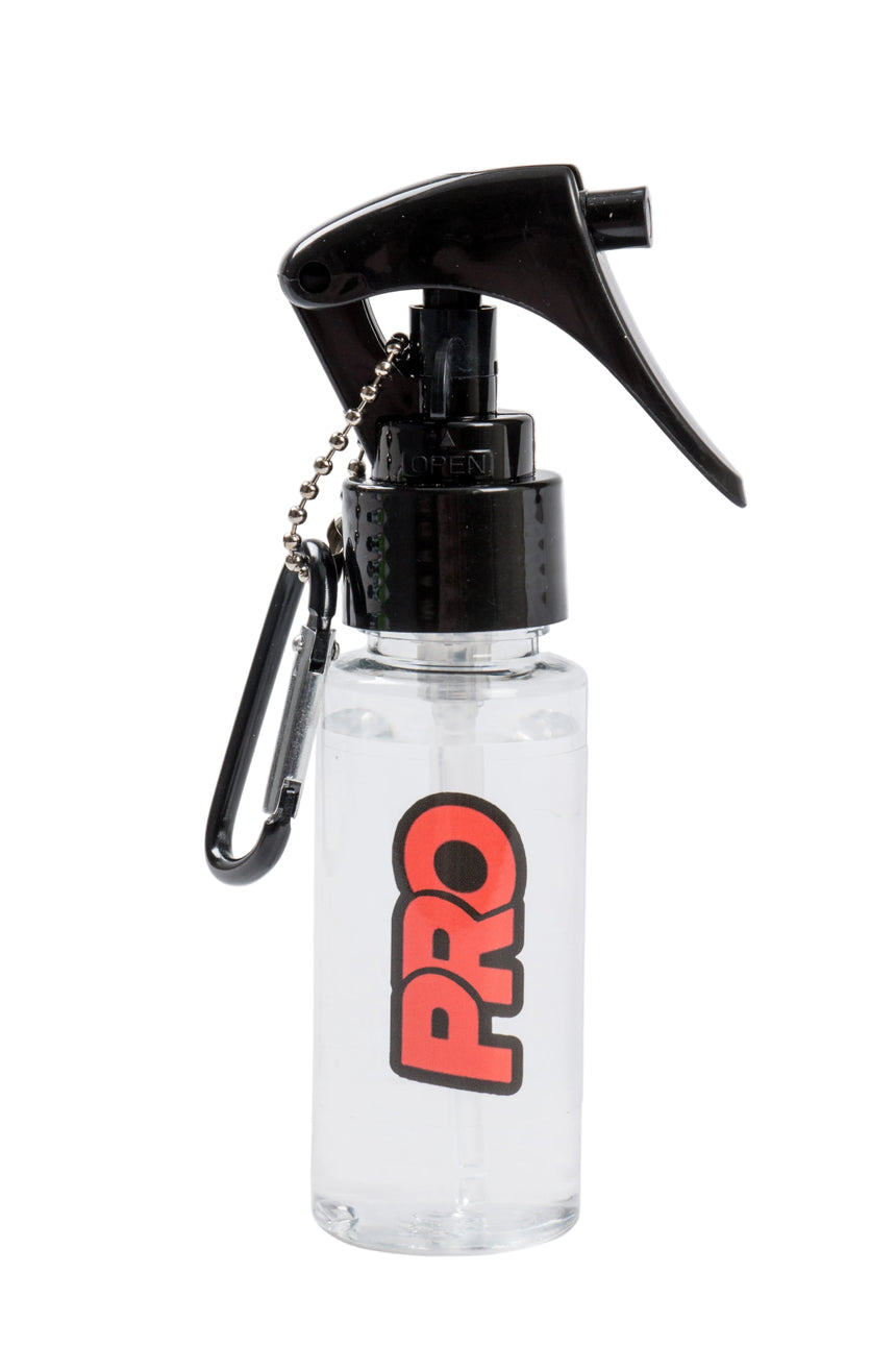 Clear spray bottle with black nozzle and red 'PRO' logo on a white background