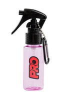 Pink spray bottle with black nozzle and carabiner on a white background
