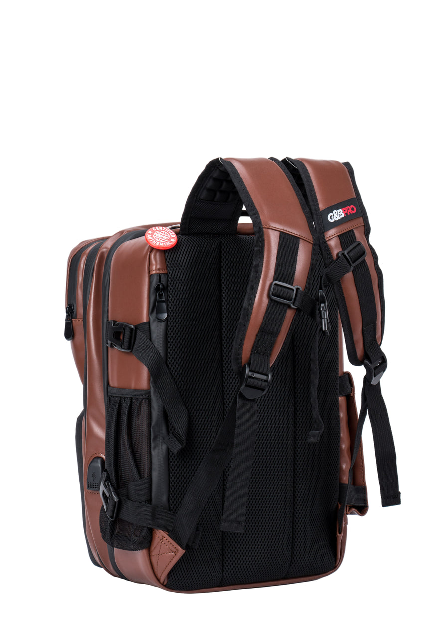Brown and black backpack with visible brand logo on a white background