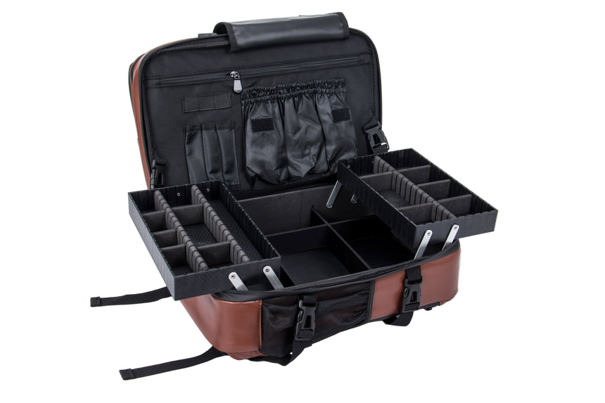 Black and brown makeup case with compartments on a white background