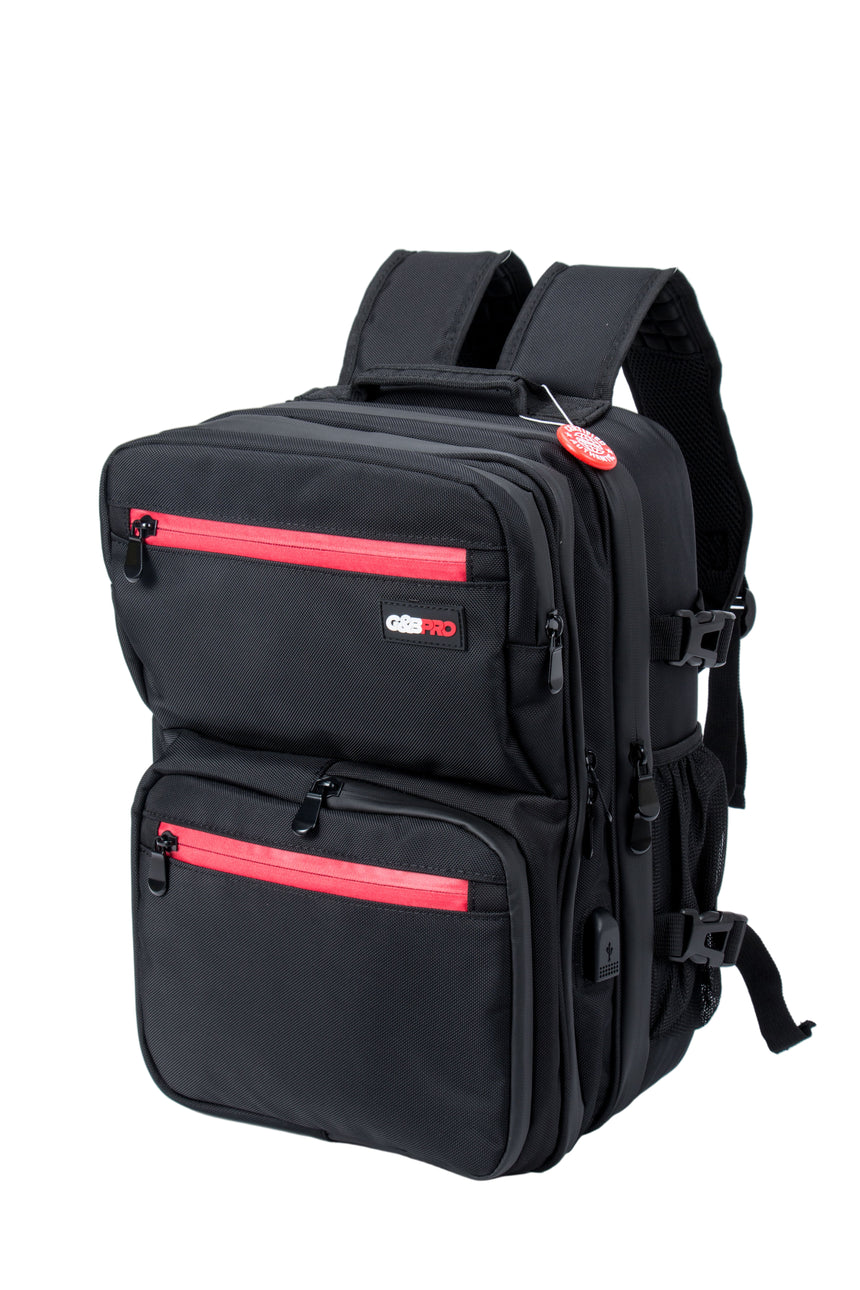 Black backpack with red zippers on a white background