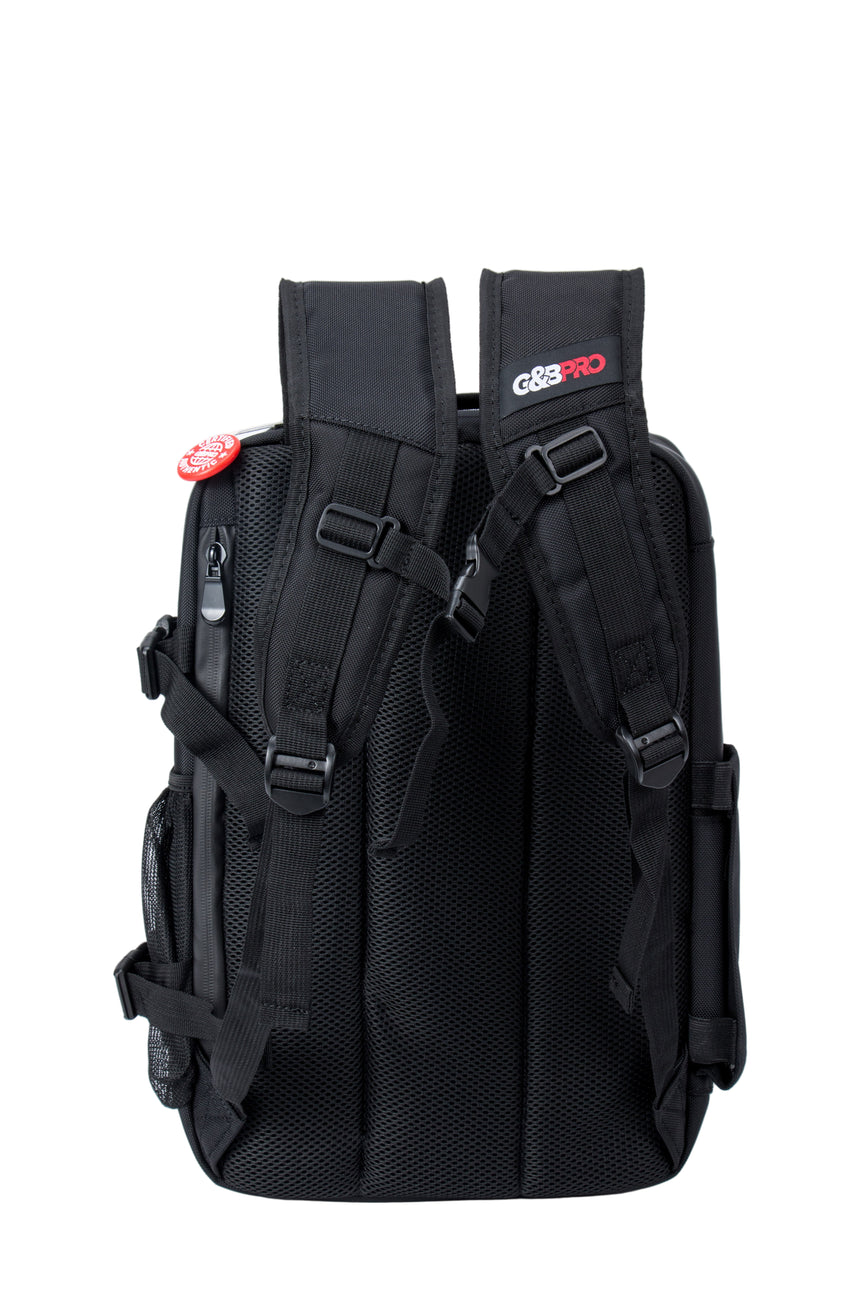 Black backpack with visible branding on a white background