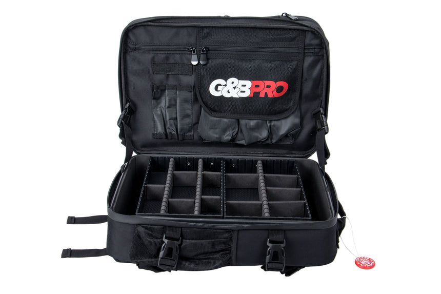 Black G&G Pro camera bag with compartments on a white background