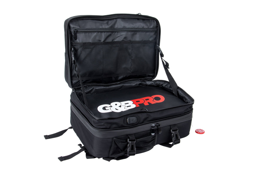 Black open suitcase with 'G&G Pro' logo on a white background