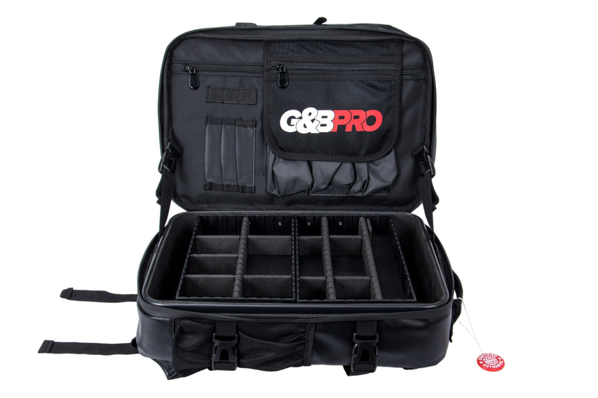 Black G&G Pro camera bag with open lid on a white background