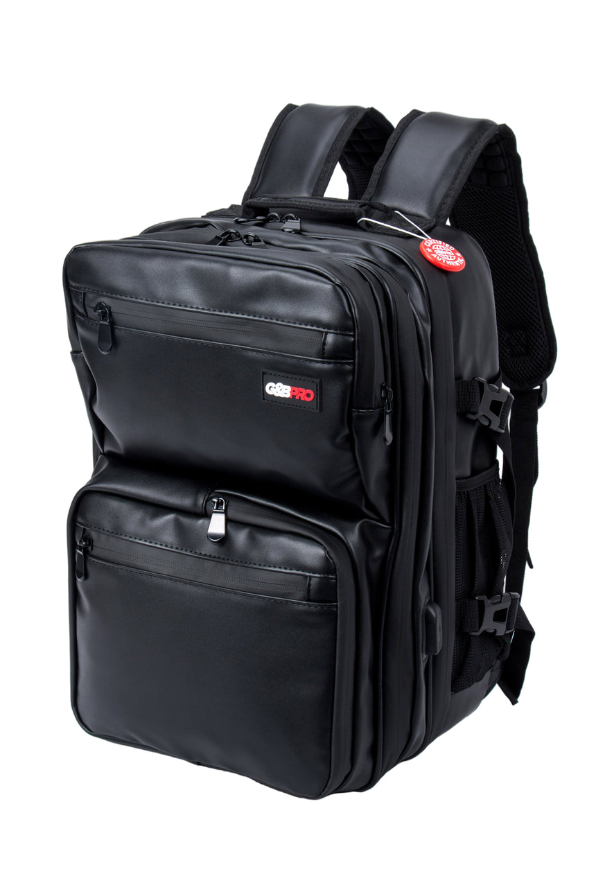 Black backpack with a visible brand logo on a white background