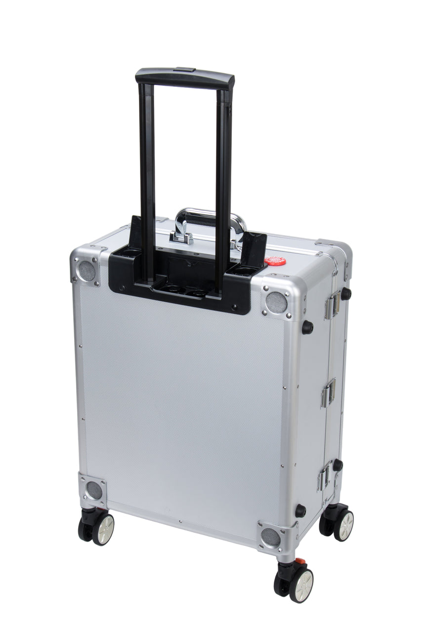 Silver suitcase with black handle on a white background