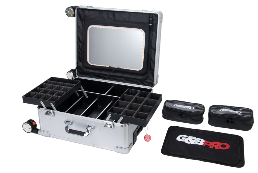 Tool case with compartments and accessories on a white background