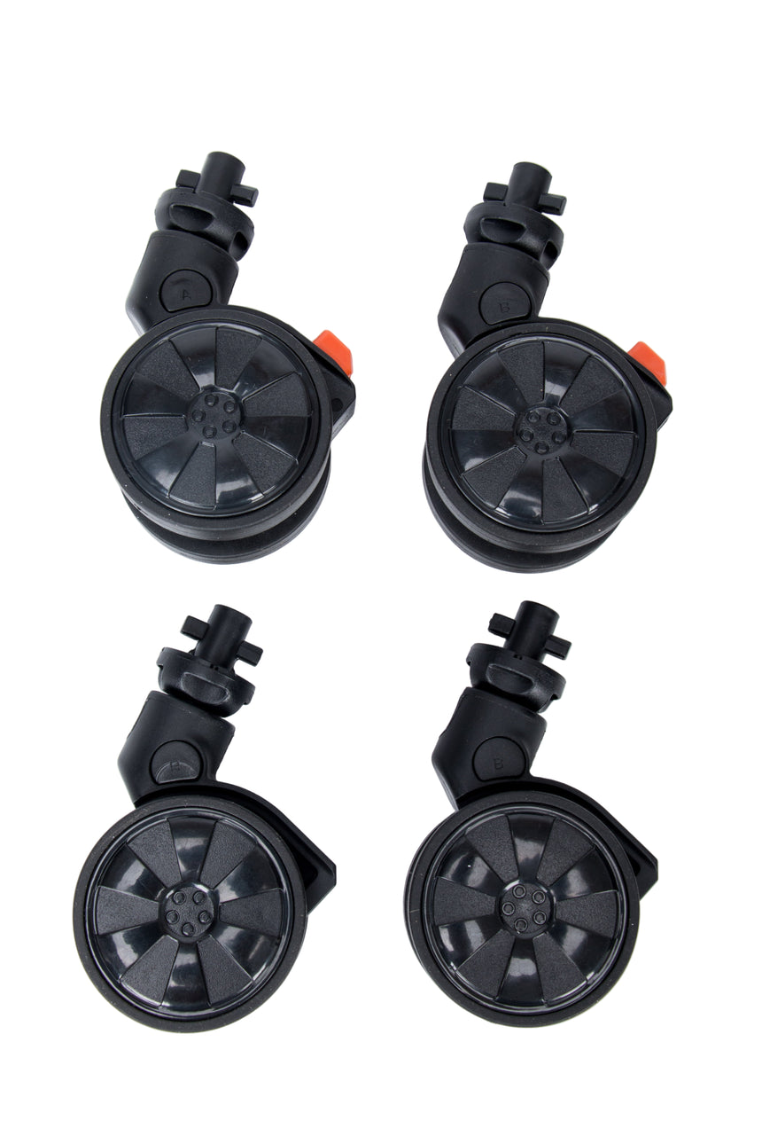 Four black scooter wheels on a white background