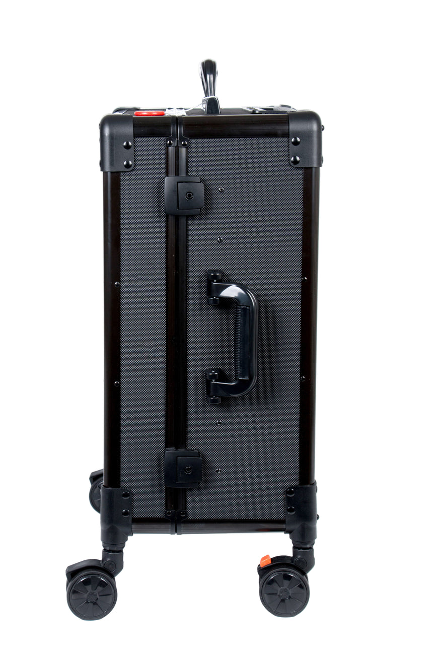 Black suitcase with wheels on a white background