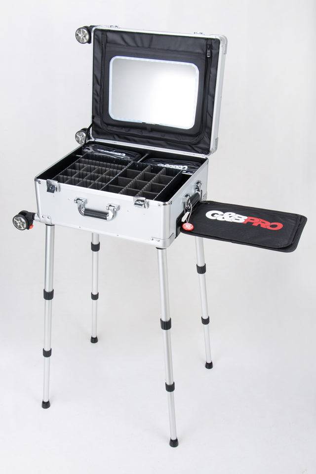 Roller Elite Mobile Workstation with LED Mirror & Extending Tray System – Silver