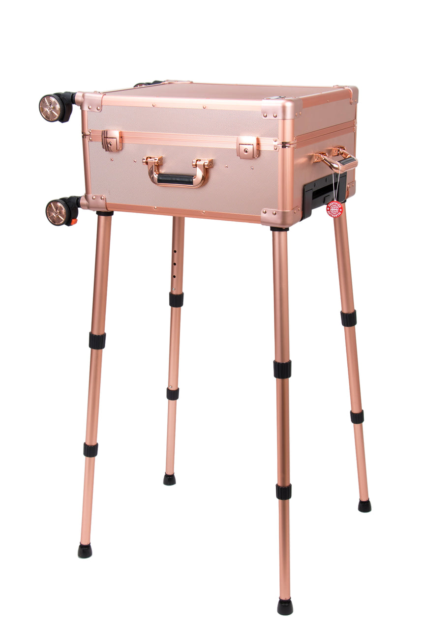 Rose gold suitcase on a stand against a white background