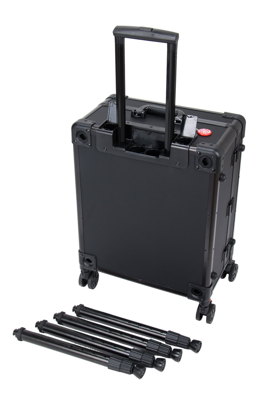 Black rolling suitcase with extendable handle and wheels on a white background