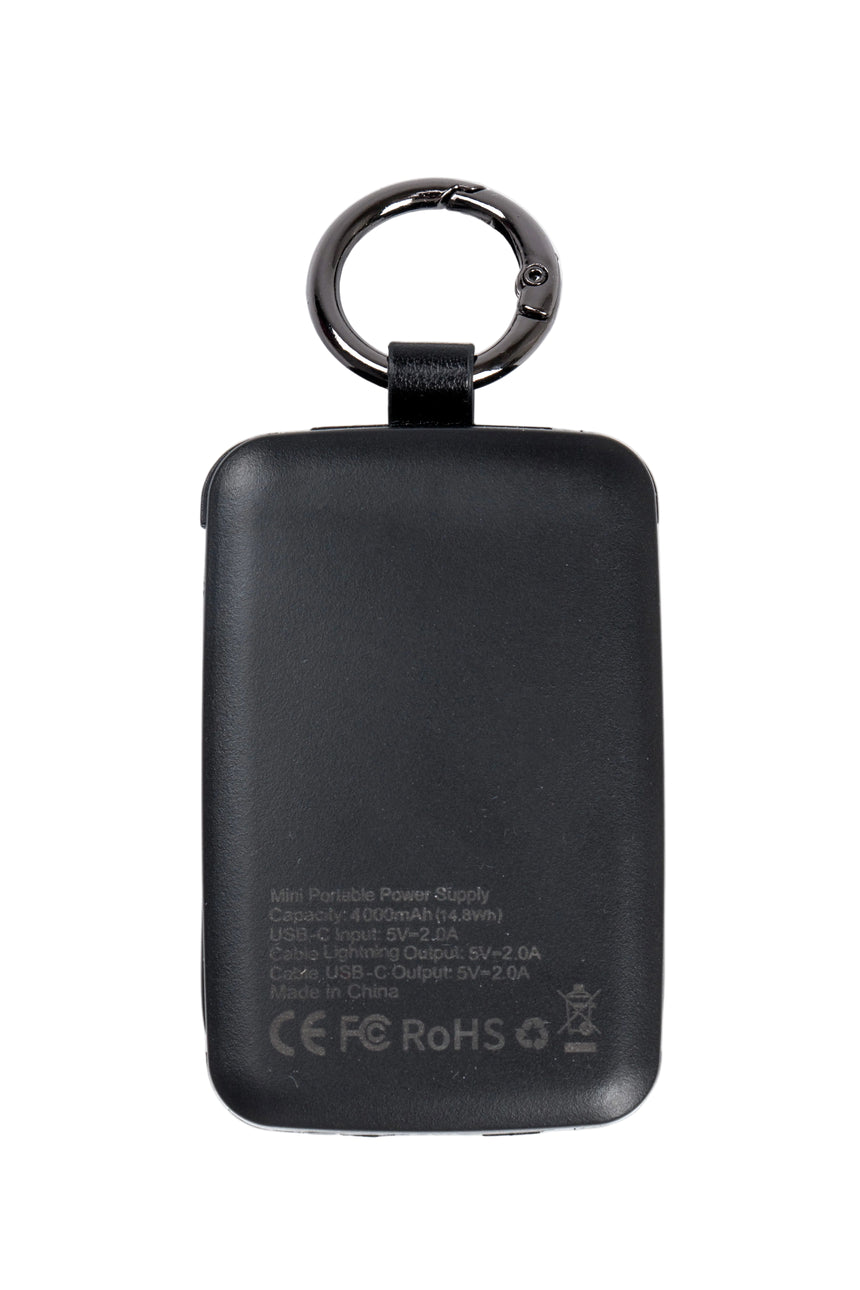 Black portable power bank with keychain on a white background