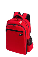 Red backpack with black accents on a white background