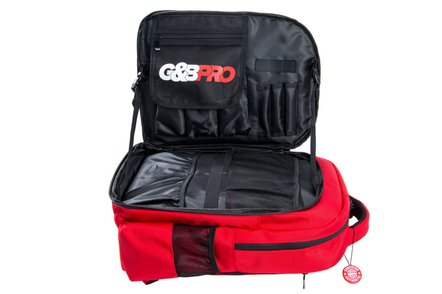 Red and black G&G Pro bag with open top on a white background