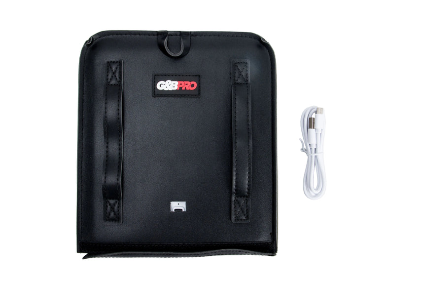 Black carrying case with a brand logo on a white background