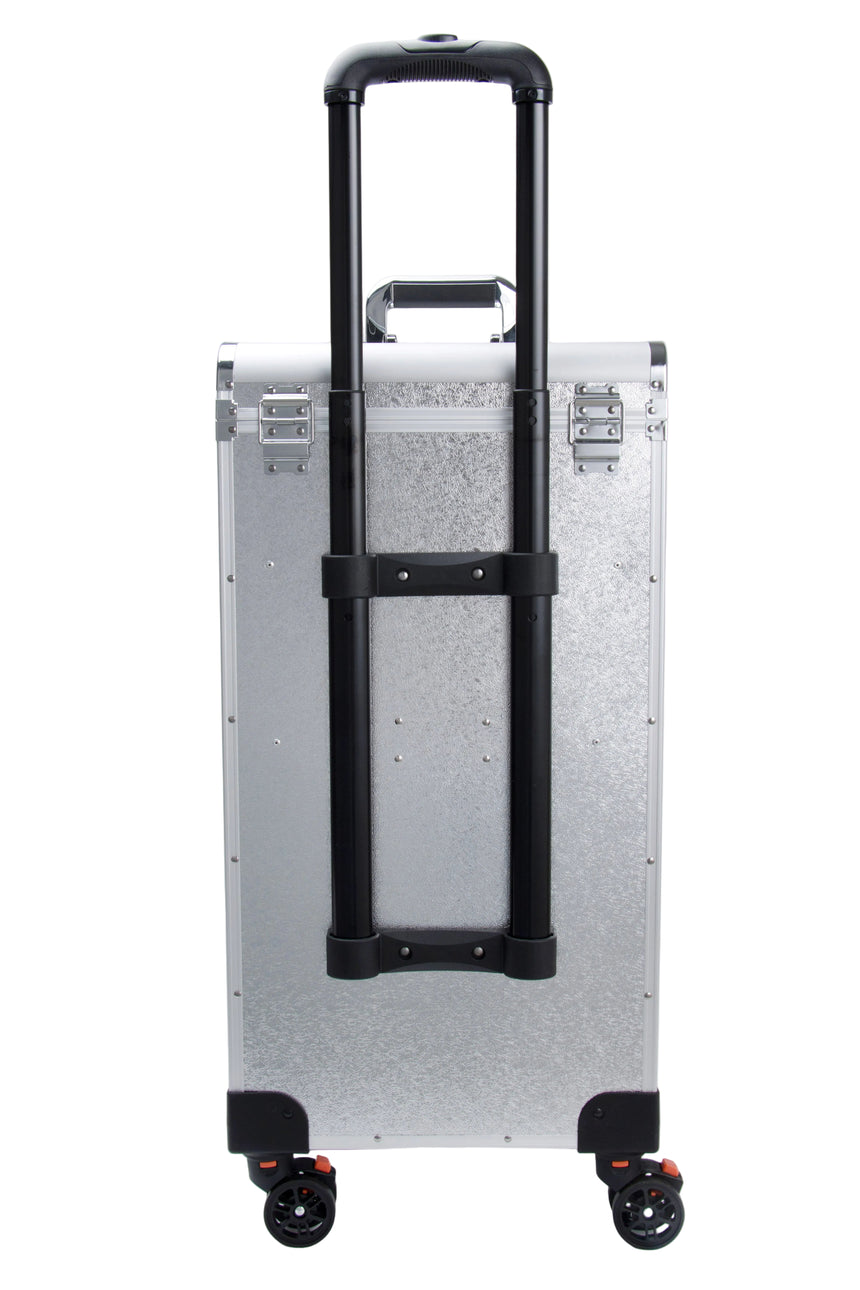 Silver suitcase with black handle and wheels on a white background