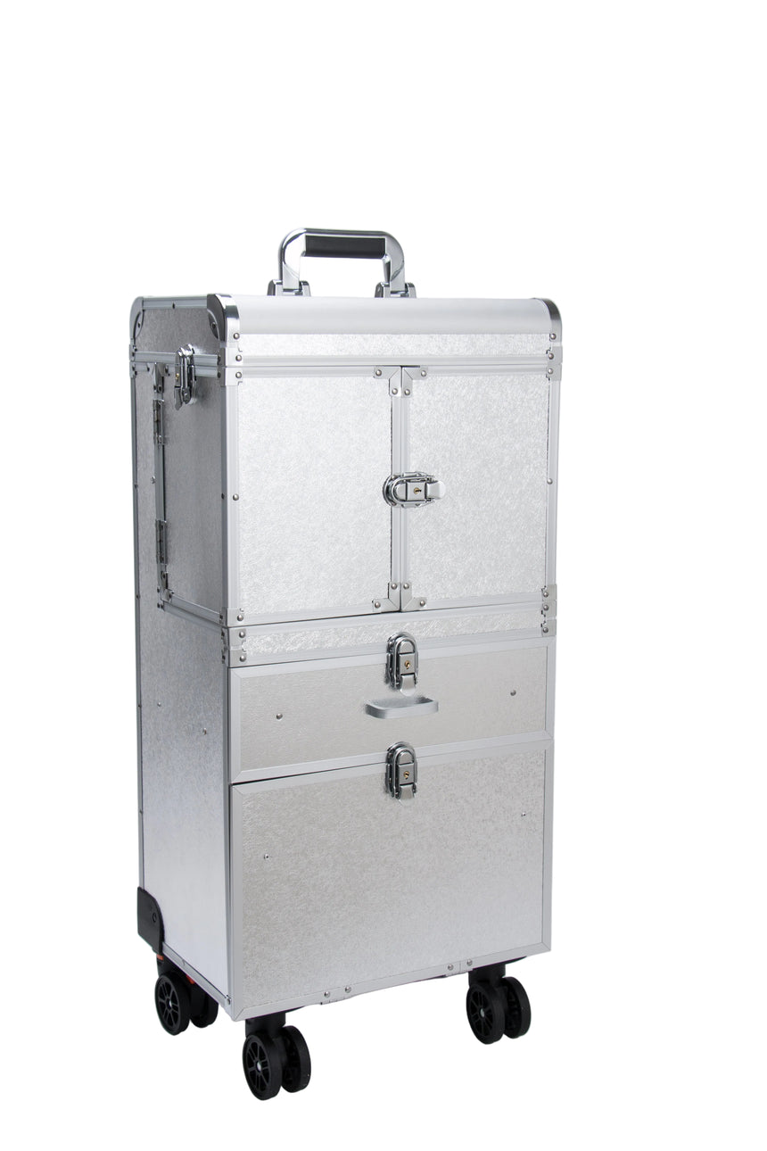 Silver metallic suitcase with wheels on a white background
