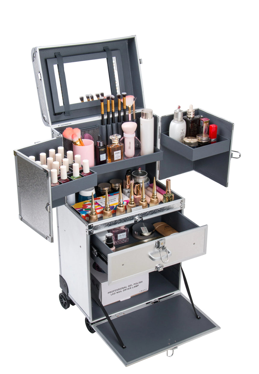 Makeup artist cart with various cosmetic items on a white background