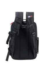 Black backpack with visible branding on a white background