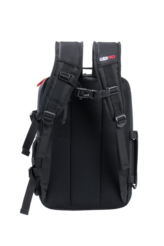 Black backpack with visible branding on a white background