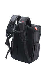 Black backpack with visible brand logo on a white background
