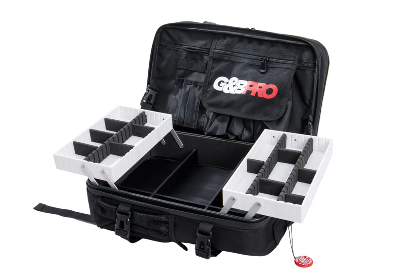 Black carrying case with foam dividers and Gopro logo on a white background