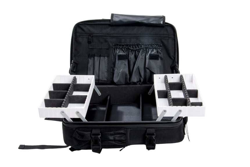 Black travel case with white trays on a white background