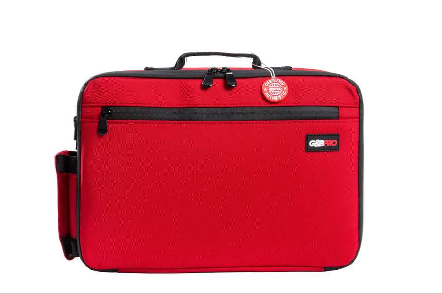 Red suitcase with black accents on a white background