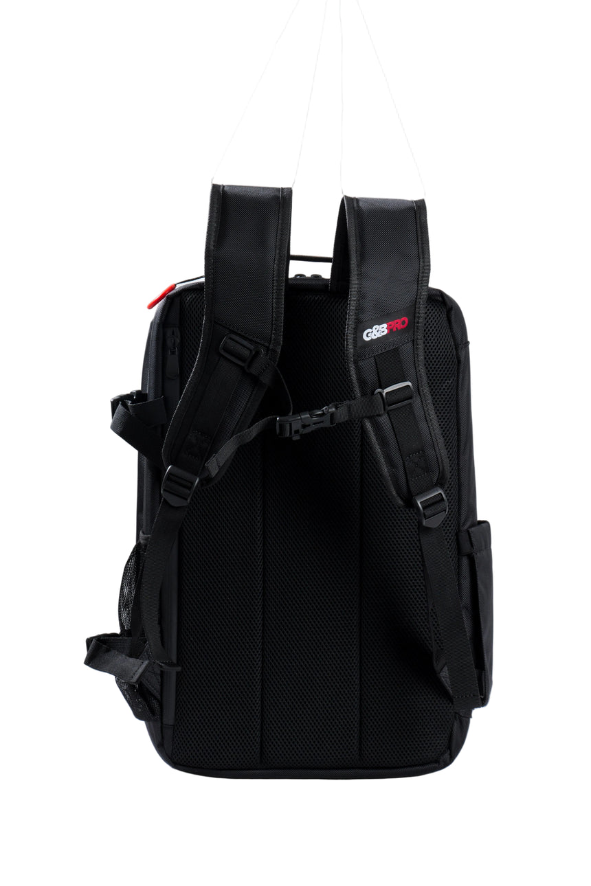 Black backpack with visible branding on a white background