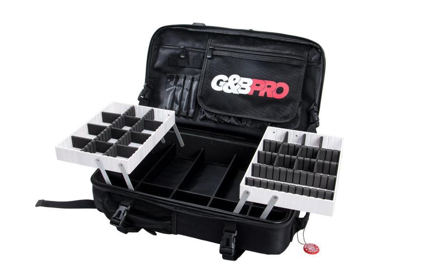 Black tackle box with compartments and G&G Pro branding on a white background