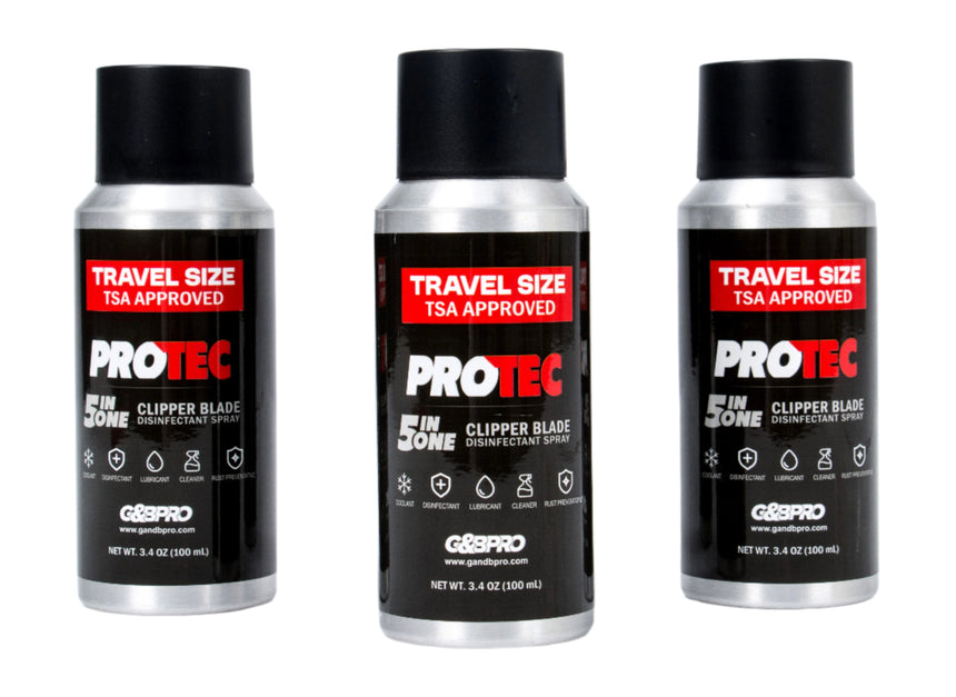 Three travel-sized PROTEC grooming products on a white background