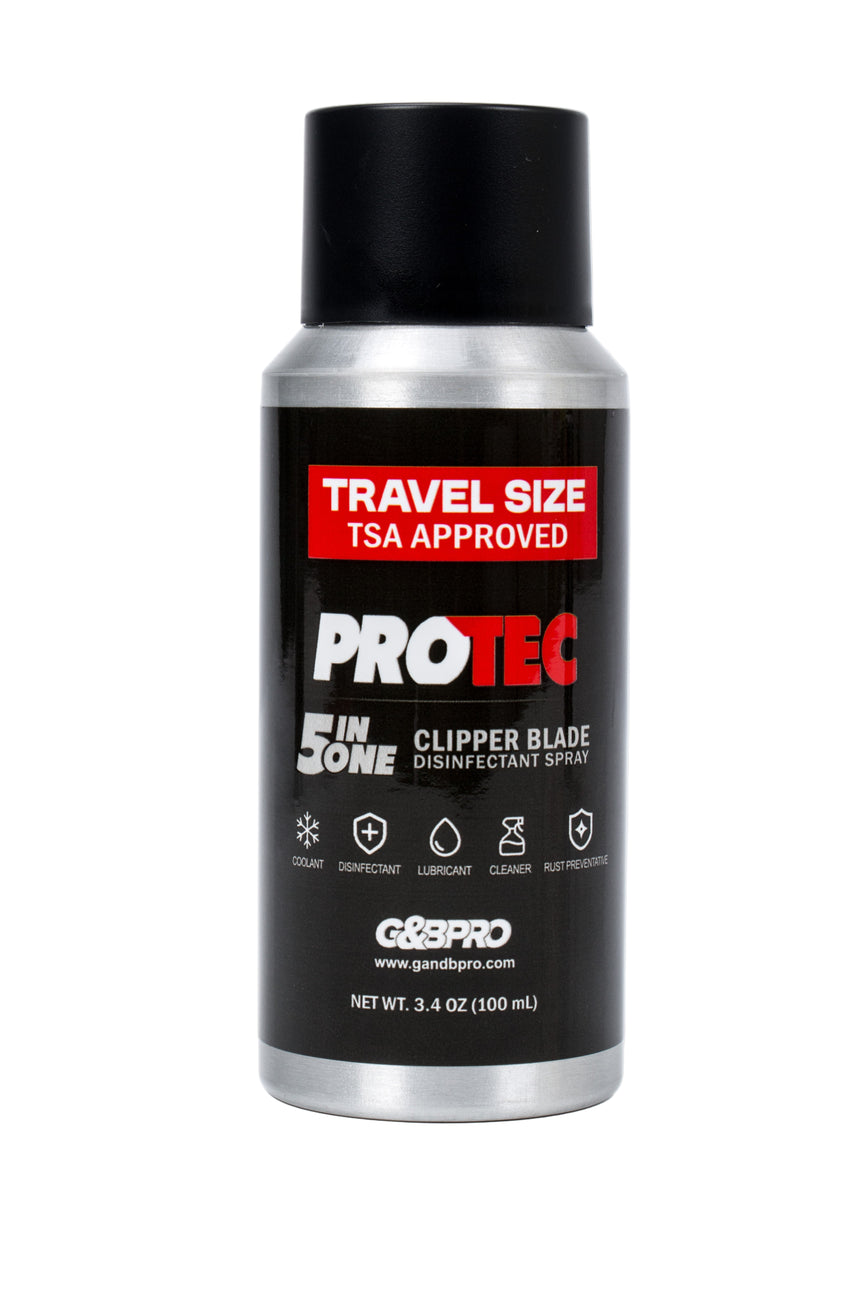 Protec travel size clipper blade disinfectant spray bottle on a white background