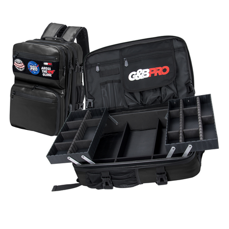 Black G&G Pro backpack with open compartments on a white background