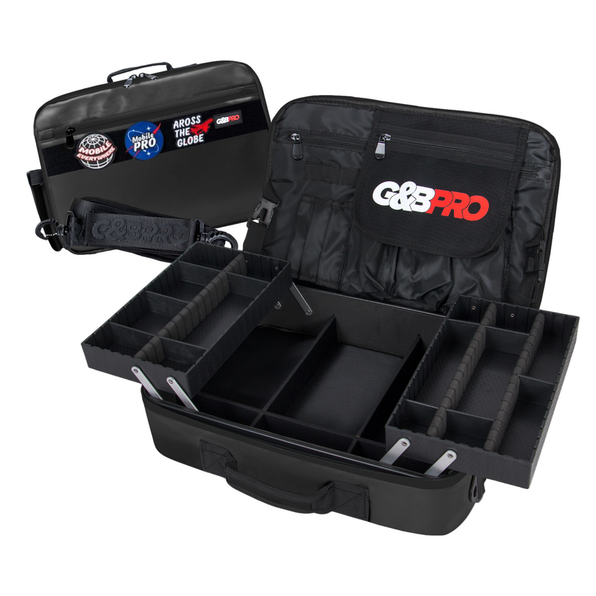 Black tackle box with compartments and visible branding on a white background